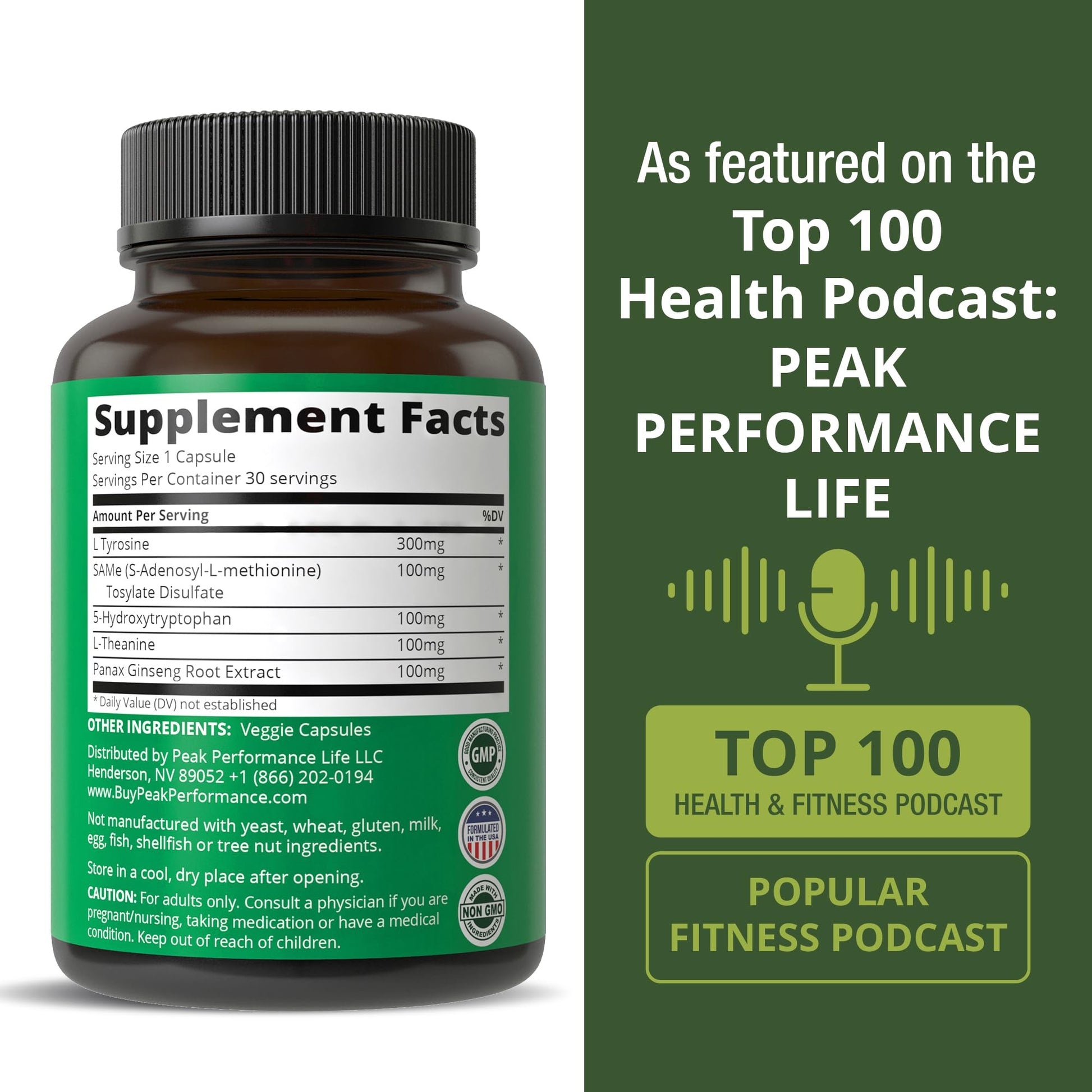 Peak Performance Mood Support Supplement with 5 Top Ingredients: 5HTP, SAM e, L Tyrosine, L Theanine, and Panax Ginseng. Calm, Focus, Relaxation Supplements. Vegan Peak PerformanceBuy Supplements Australia
