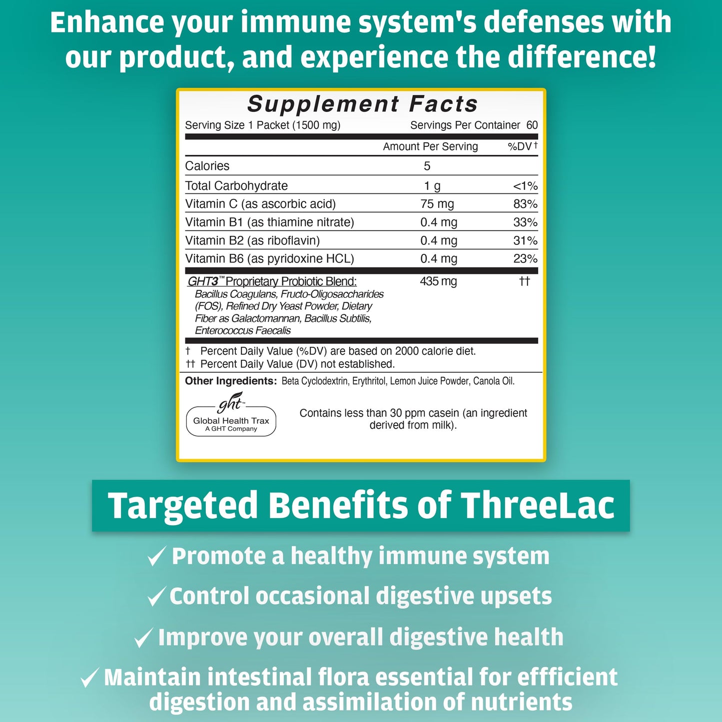 Global Health Trax GHT - ThreeLac Lemon Probiotic Drink Mix for Digestive Health - Advanced Probiotic Powder Formula for Men, Women & Kids - Immune Support & Gut Balance, Non-GMO - 60 Packets ght Global Health TraxBuy Supplements Australia