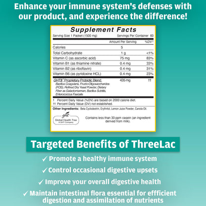Global Health Trax GHT - ThreeLac Lemon Probiotic Drink Mix for Digestive Health - Advanced Probiotic Powder Formula for Men, Women & Kids - Immune Support & Gut Balance, Non-GMO - 60 Packets ght Global Health TraxBuy Supplements Australia