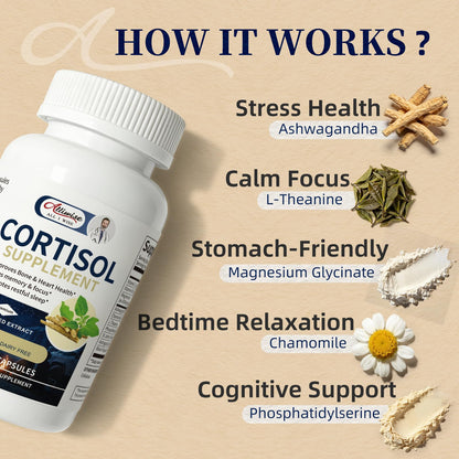 Alliwise Cortisol Supplements for Women and Men with Magnesium, Ashwagandha,L-Theanine,Chamomile & PS,High Cortisol Reducer, Manager, Detox, Lower for Mood,Focus,Sleep,Non-Drowsy,No Melatonin AlliwiseBuy Supplements Australia