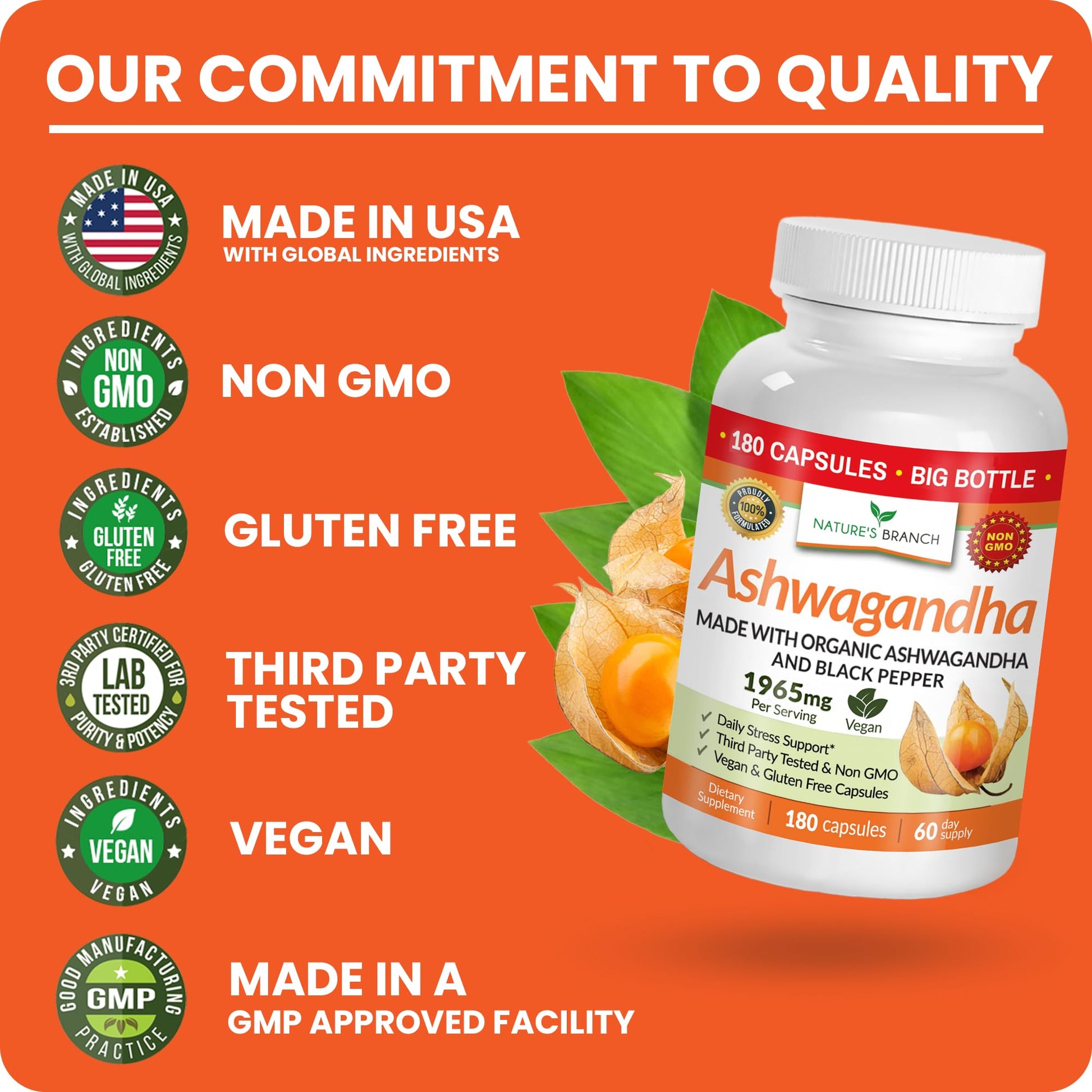 UDAF Certified Organic Ashwagandha with Black Pepper, 1965mg - Extra Strength for Stress, Sleep, Mood, Thyroid, Energy, Hair, Vegan Pure Root Extract Powder Supplement for Men and Women | 180 Capsules NATURE'S BRANCHBuy Supplements Australia