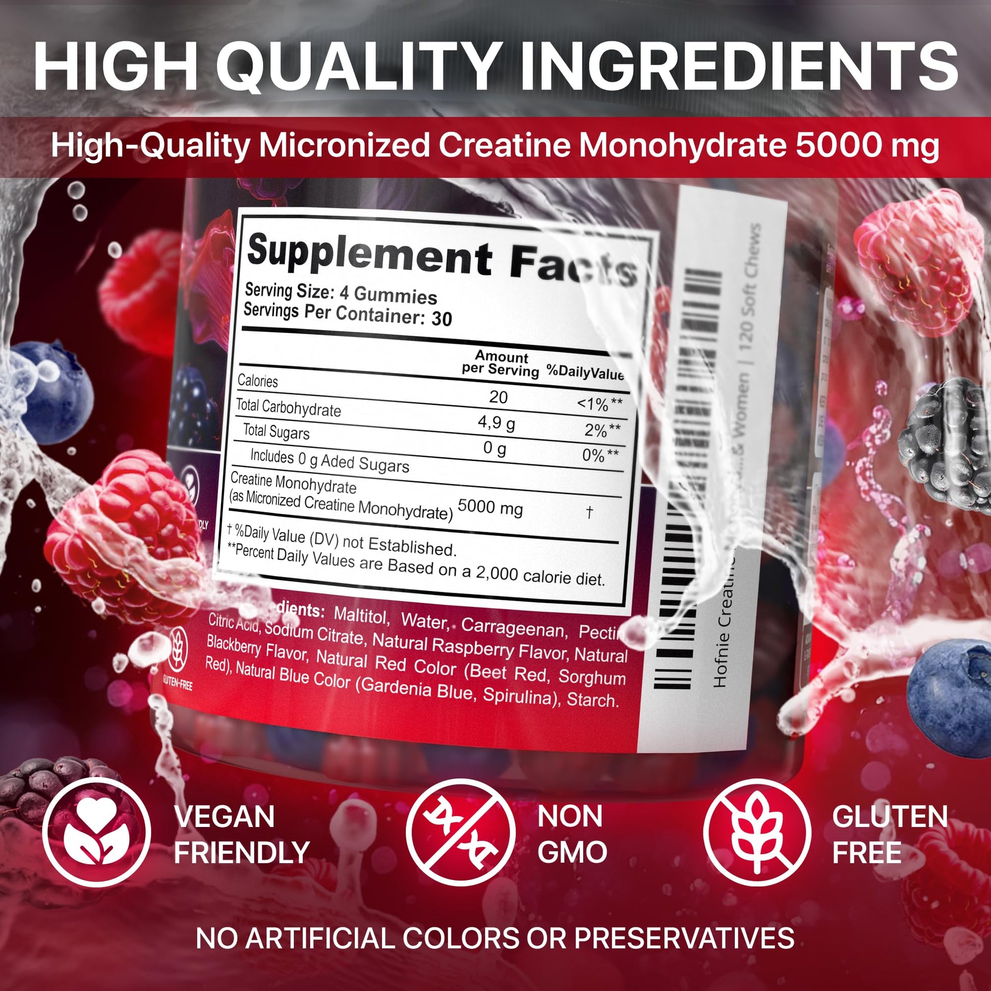 Hofnie Creatine Monohydrate Gummies 5000 mg – Vegan, Sugar-Free Pre Workout Creatine for Men & Women – Raspberry & BlackBerry Flavored Chewable Creatine Monohydrate, 120 Gummies (30-Day Supply) HofnieBuy Supplements Australia