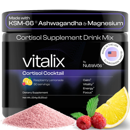 NutraVōs Vitalix – Cortisol Reducer & Adaptogen Drink Mix with Ashwagandha KSM 66, Magnesium Glycinate 200mg, L-Theanine 200mg, Vitamin C 500mg & Electrolytes – Raspberry Lemonade – 30 Servings NutraVōsBuy Supplements Australia