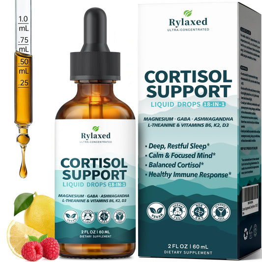 Cortisol Supplements for Women & Men, 18 in 1 Stress & Mood Support Drops with Magnesium 480mg, GABA, Ashwagandha, L-Theanine & Phosphatidylserine, for Relaxation & Sleep, Lemon Raspberry Flavor 60mL RylaxedBuy Supplements Australia