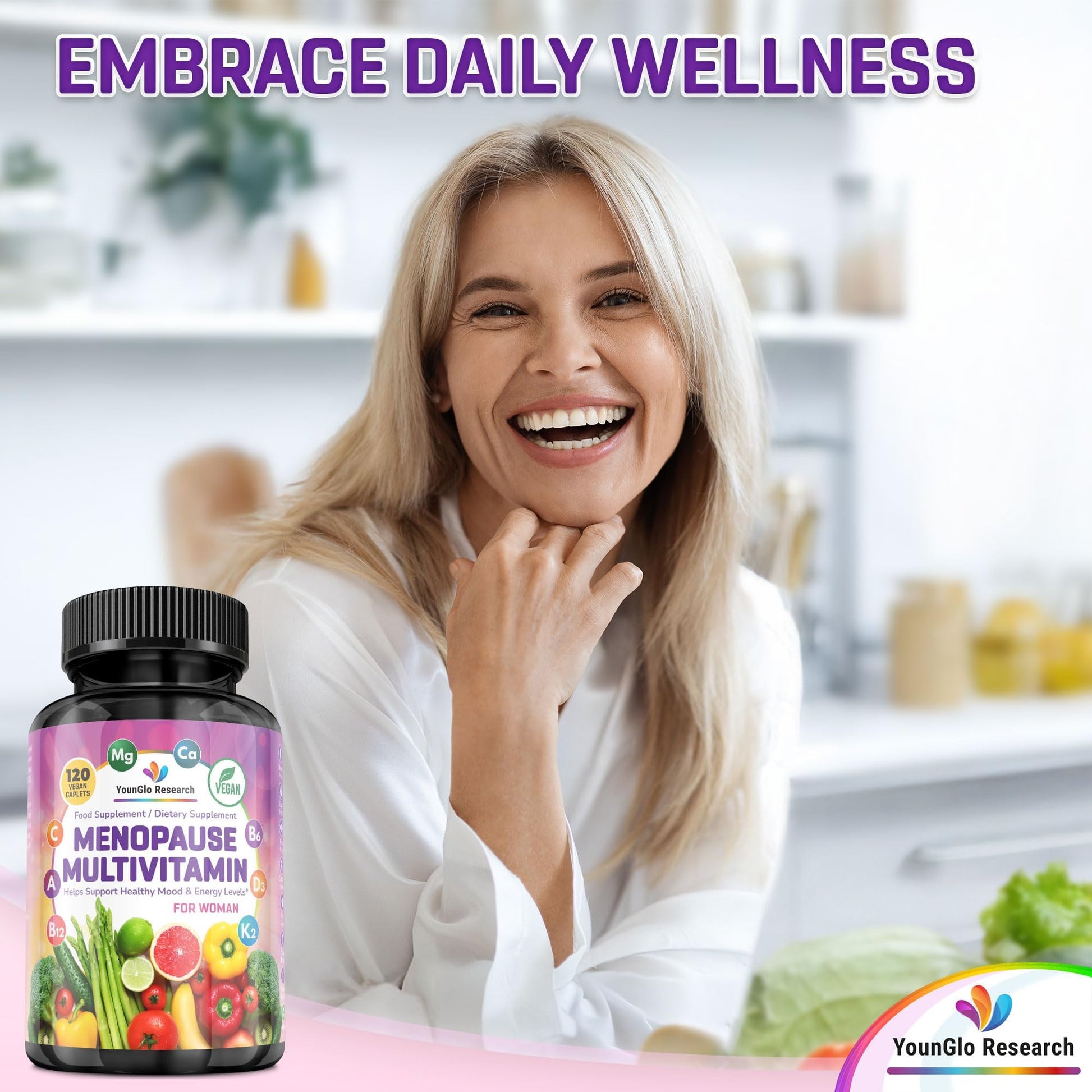 YounGlo Research Menopause Supplement - 120 Vegan Caplets - Menopause & Perimenopause Relief Support - Food and Dietary Vitamins - Multivitamin for Women YounGlo ResearchBuy Supplements Australia