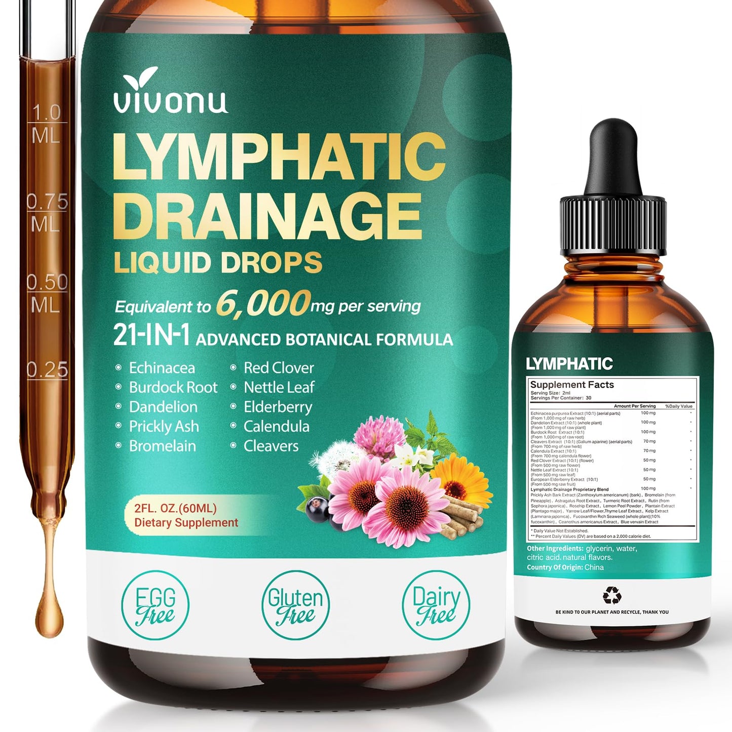 21-in-1 Lymphatic Drainage Drops for Liposomal, Immune & Lymph System Support Supplement for Women & Men with Echinacea, Dandelion