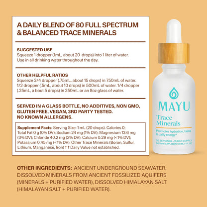 MAYU Trace Mineral Drops - 1 Bottle - 80+ Full-Spectrum Ionic Minerals for Water - Great-Tasting Mineral Supplement for Hydration - Magnesium, Potassium & Zinc - No Additives - 30 Servings