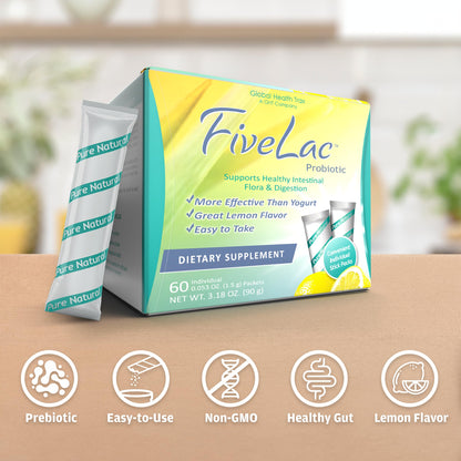 Global Health Trax GHT - FiveLac Lemon Probiotic Powder Drink Mix, Probiotics for Women, Men & Kids - Smooth Digestive Support & Elimination - Relieves Constipation & Gas - 60 Packets (2 Pack) Non-GMO ght Global Health TraxBuy Supplements Australia