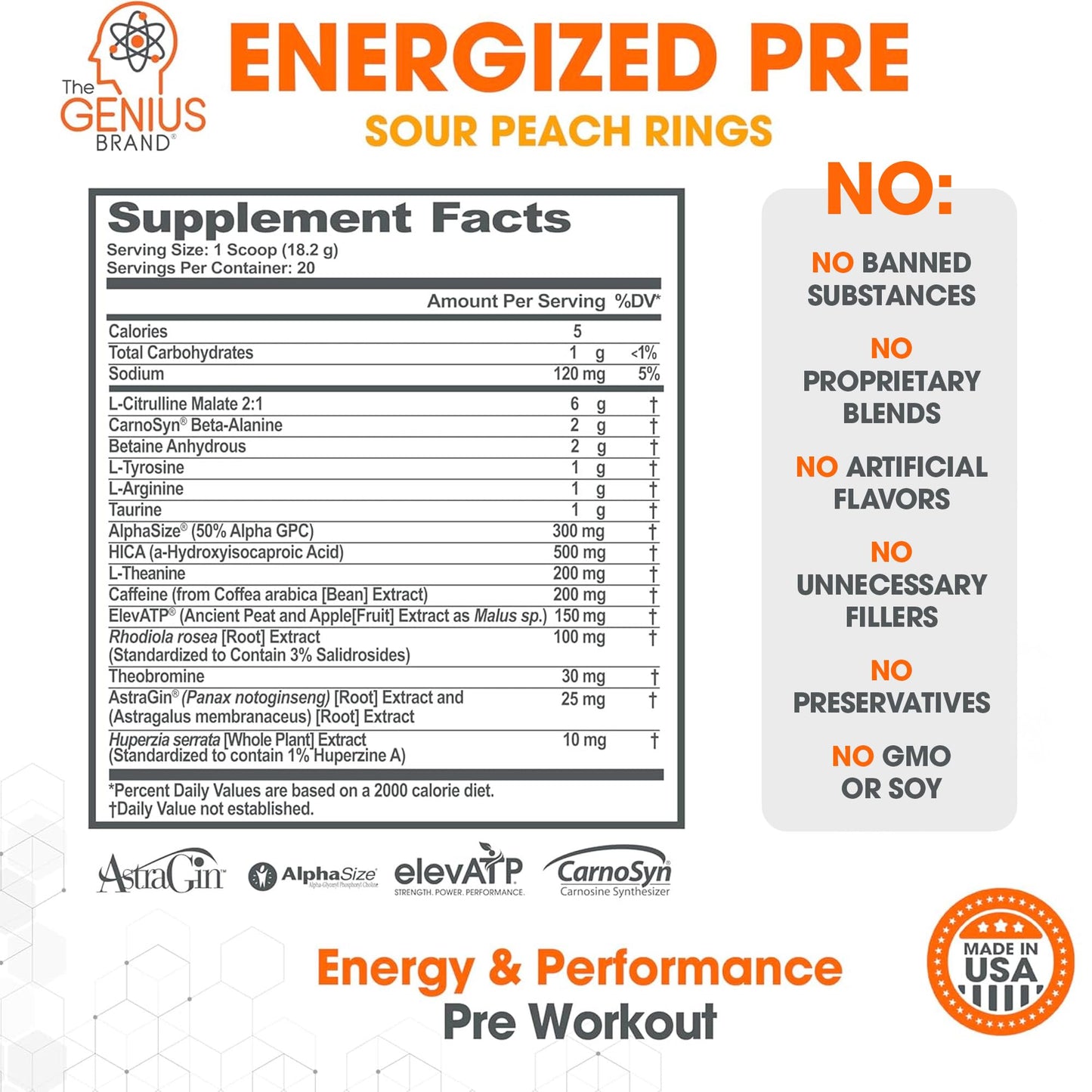 Genius Energized Pre Workout Powder – Caffeine Infused Pre-Workout Booster Supplement with Beta Alanine & Alpha GPC, No Artificial Sweeteners or Dyes - 200mg Caffeine, 20 Servings, Sour Peach Rings The Genius BrandBuy Supplements Australia