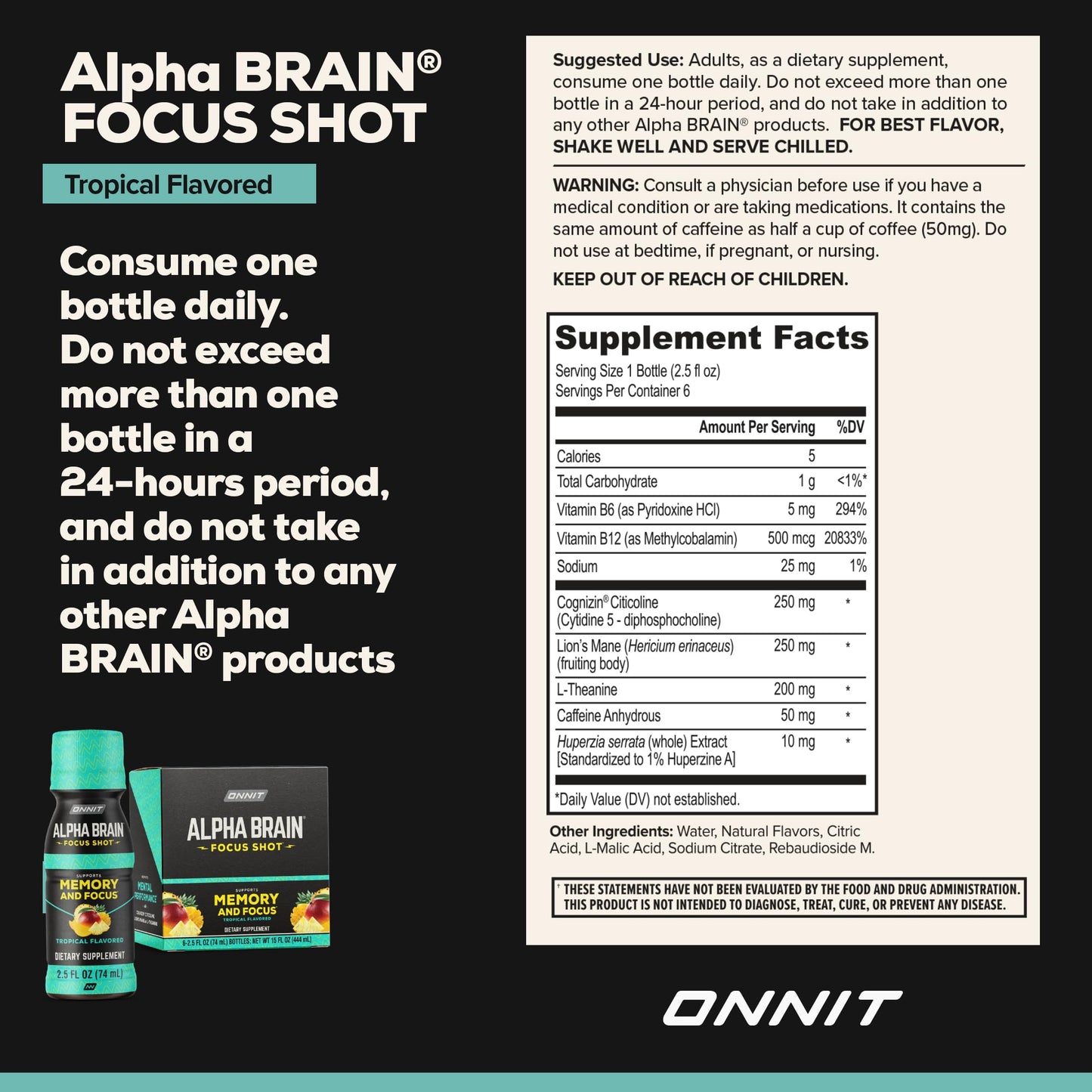 ONNIT Alpha Brain Focus Shot, Tropical Flavor, Nootropic Dietary Supplement Drink That Supports Energy, Focus, and Mood, IGEN™ Non-GMO Tested, 2.5 fl oz, 6 Count ONNITBuy Supplements Australia