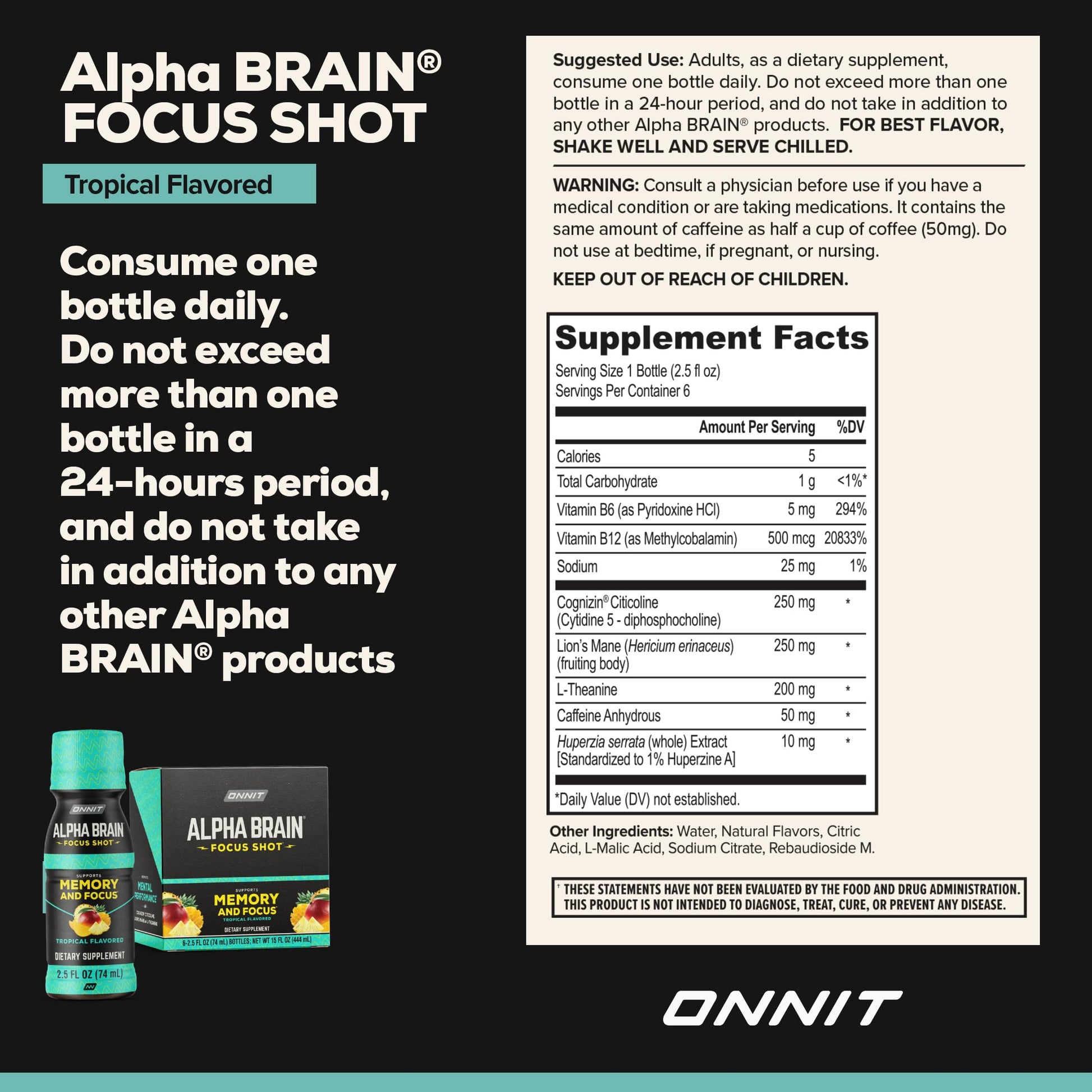 ONNIT Alpha Brain Focus Shot, Tropical Flavor, Nootropic Dietary Supplement Drink That Supports Energy, Focus, and Mood, IGEN™ Non-GMO Tested, 2.5 fl oz, 6 Count ONNITBuy Supplements Australia