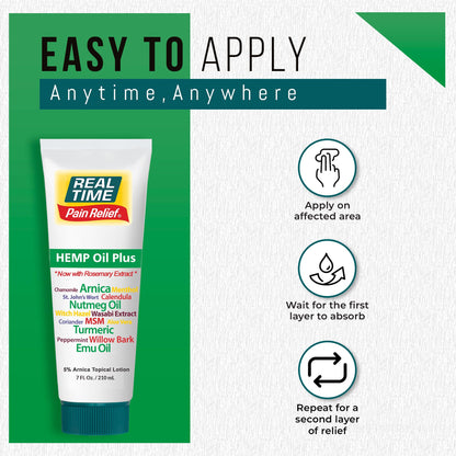 Real Time Pain Relief Hemp Oil Plus 7 oz Tube | 20 Natural Ingredients: 5% Arnica, Turmeric & More | Fast-Absorbing Lotion for Muscles, Hands, Feet, Ankles, Back, Shoulders & Knees Real Time Pain ReliefBuy Supplements Australia
