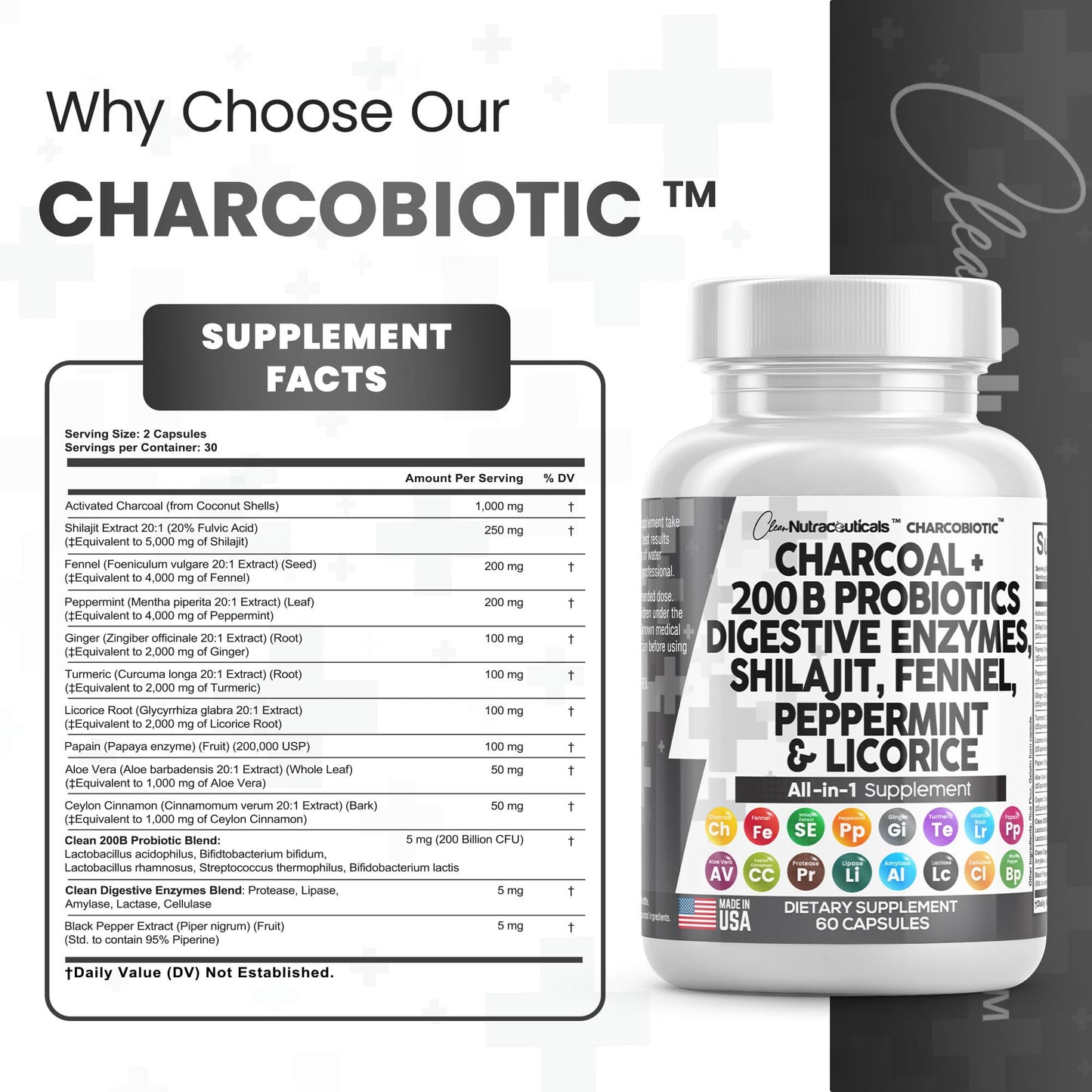 Clean Nutra Activated Charcoal Capsules 1000mg Shilajit 5000mg Pills