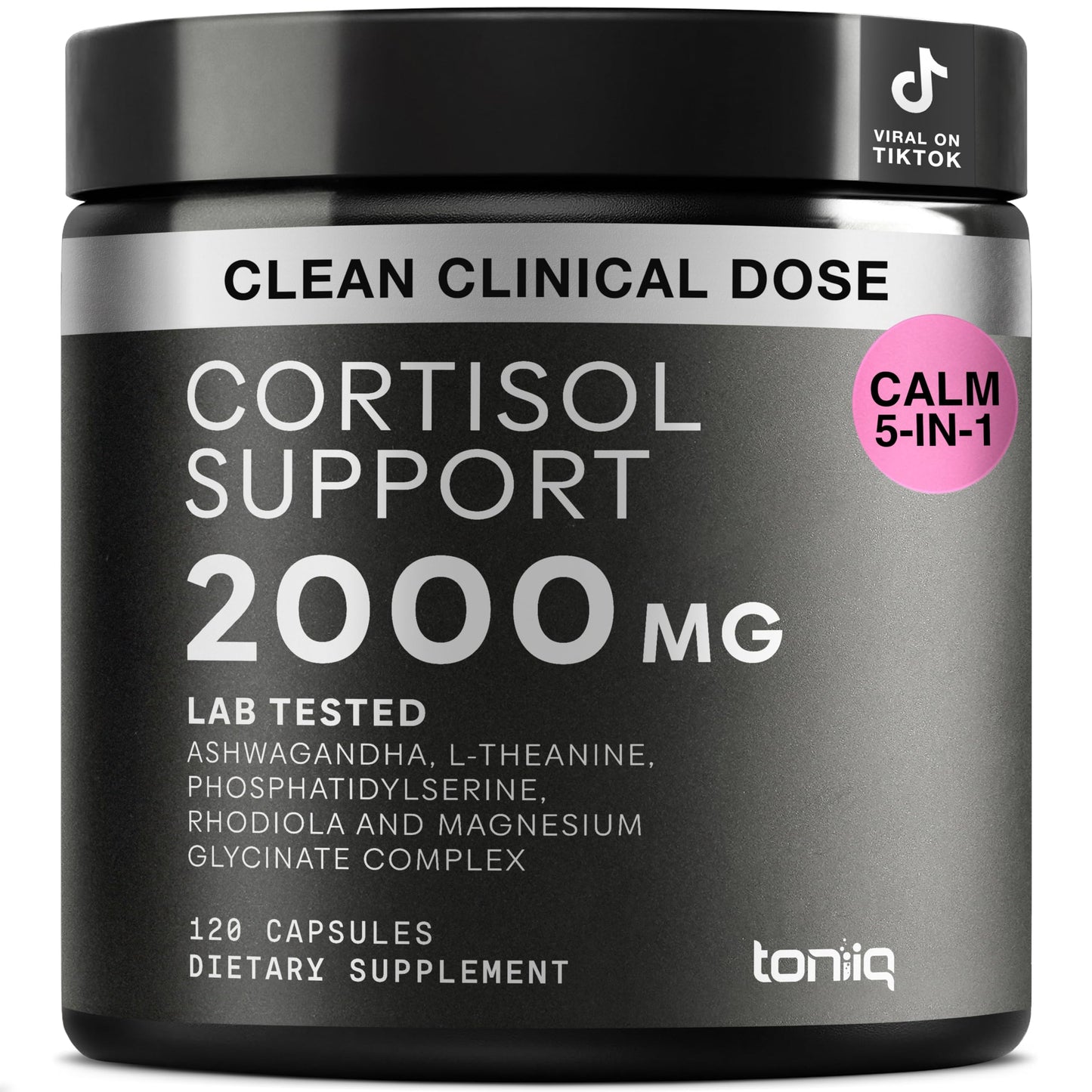 Cortisol Supplement for Women and Men — Calm, Balanced-Strength 5-in-1 Non-Drowsy, Third-Party Tested with Magnesium Glycinate, Ashwagandha, L-Theanine, Phosphatidylserine, Rhodiola — 120 Capsules ToniiqBuy Supplements Australia