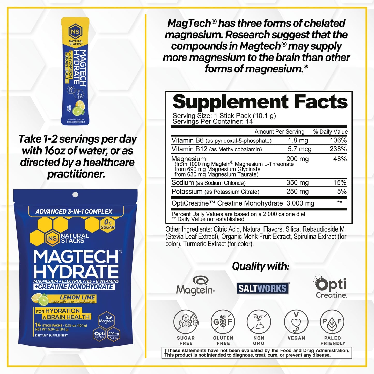 NATURAL STACKS Magtech Magnesium Hydrate + Creatine - Sugar Free Electrolyte Drink - Magtein Magnesium L-Threonate, Glycinate & Taurate - Supports Hydration & Cellular Energy - 14 Hydration Packets NATURAL STACKSBuy Supplements Australia