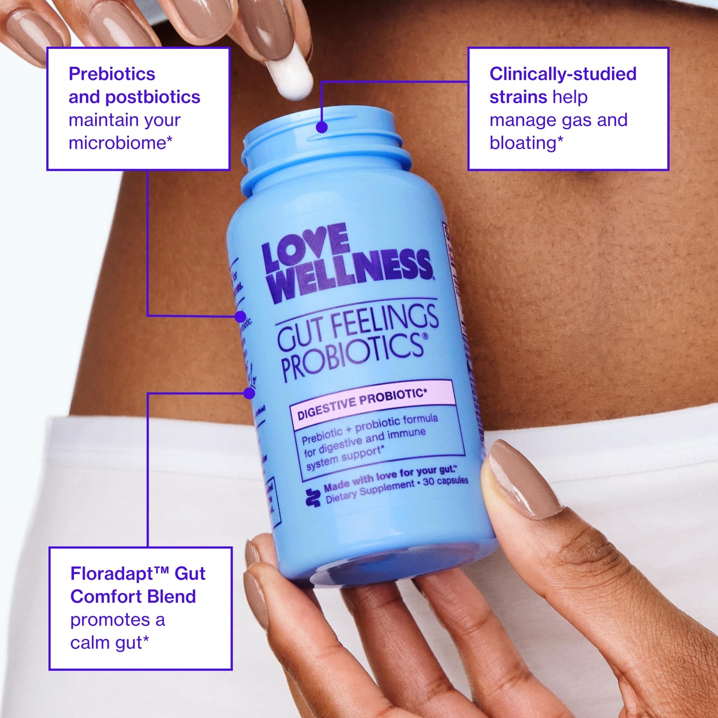 Love Wellness Gut Feelings Probiotic | Gut Health for Women, Digestion Relief & Immune Support Supplement | Womens Probiotic for Gas Relief | 3 Billion CFU | Safe Prebiotic and Postbiotic | 30 Count