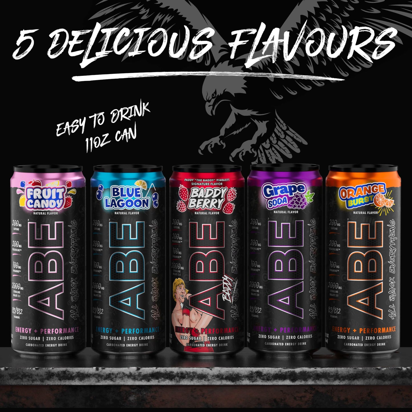 ABE Energy + Performance Sugar Free Energy Drink - All Black Everything Drink With Caffeine, VitaCholine, Dynamine, Citrulline Malate (11oz Can - Pack of 12) (Orange Burst)