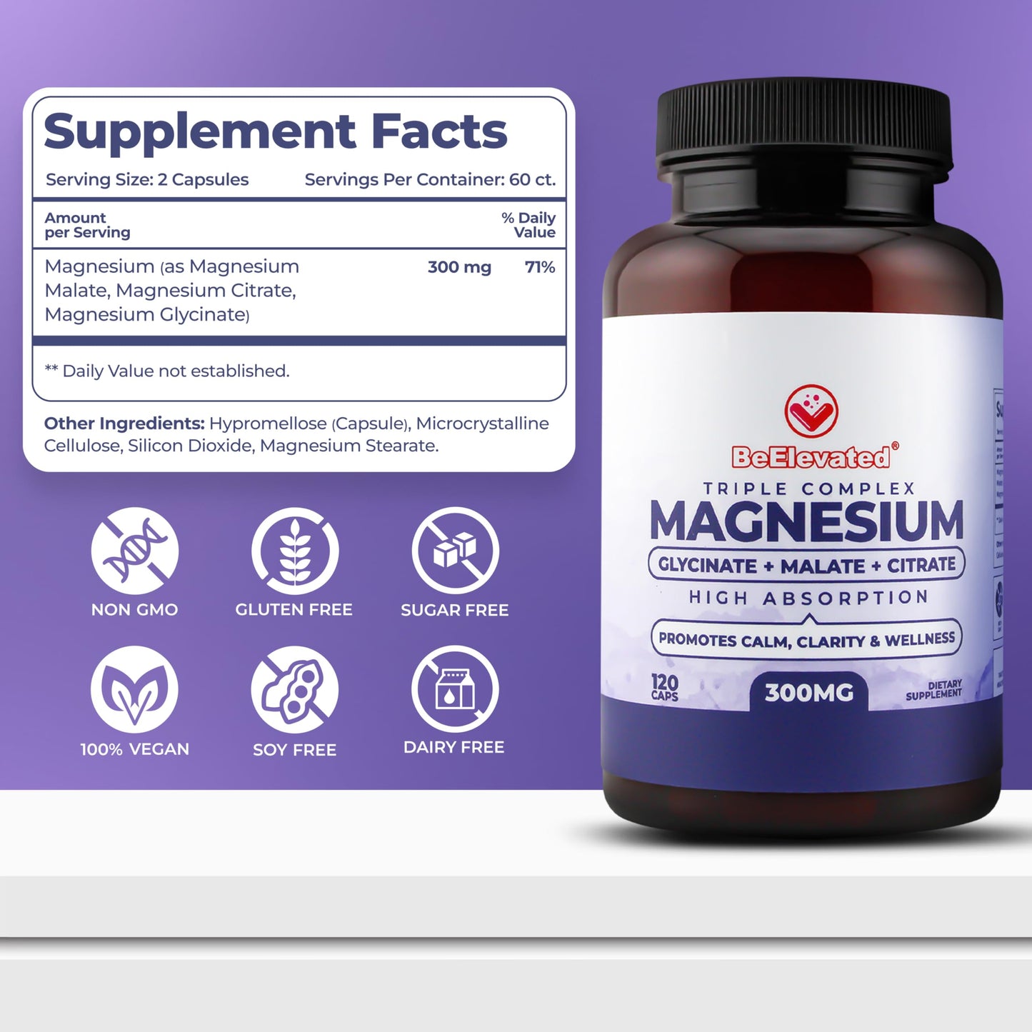 BeElevated High Absorption Triple Magnesium Complex for Sleep, Relaxation & Muscle Support – 300mg of Magnesium Glycinate, Citrate & Malate