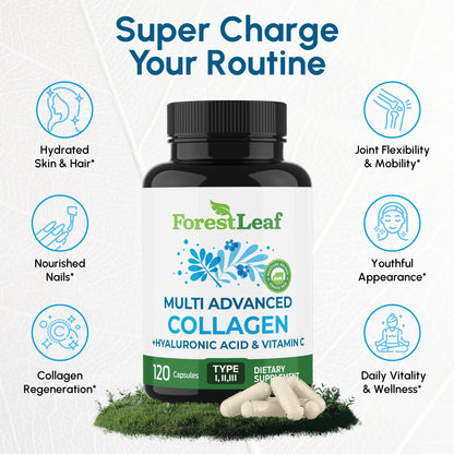 ForestLeaf Multi Collagen Pills with Hyaluronic Acid + Vitamin C | Hydrolyzed Collagen Supplements for Women or Men | Multi Collagen Capsules Peptides for Skin, Wrinkles, 120 Caps ForestLeafBuy Supplements Australia