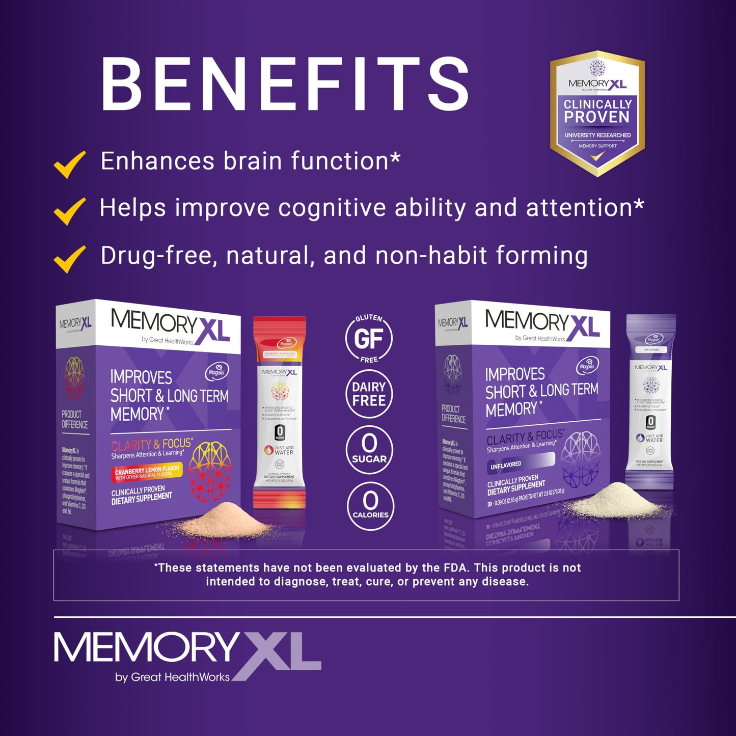 MemoryXL, Magnesium L-Threonate: Brain Supplement for Memory & Focus; Magtein®, Phosphatidylserine, Vitamin Mix. Improves Memory Focus Attention Learning & Logic. 0 Sugar, 0 cal, 30pk Cranberry Lemon OmegaXLBuy Supplements Australia