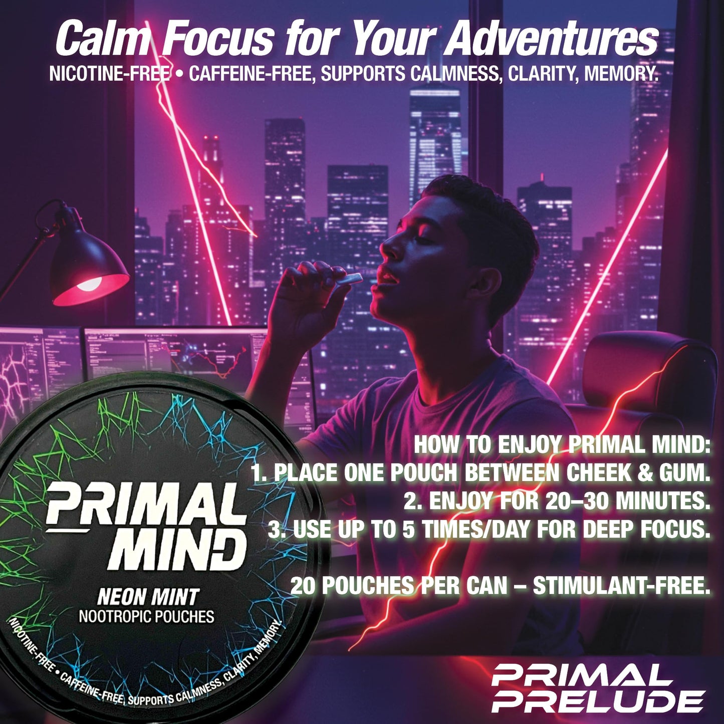Nootropic Pouches - Primal Mind Caffeine Free Nootropics Pouches Made with Ginkgo Biloba & L-Theanine - Nicotine Free Brain Boost, No Sugar, Cognitive Support – 20 Pouches Per Can, 5 Pack (Neon Mint) Primal PreludeBuy Supplements Australia