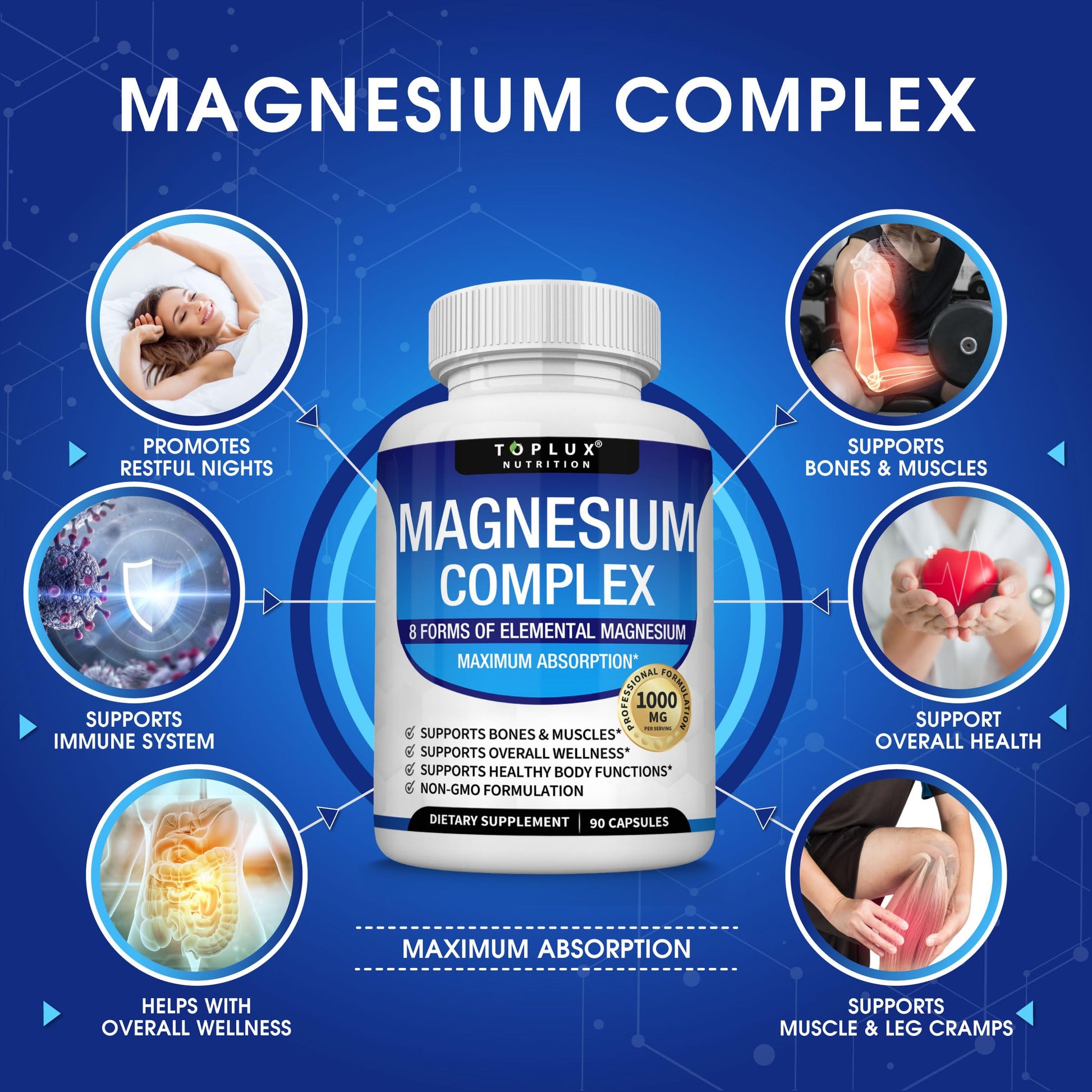 Magnesium Complex Supplement 8 Elemental 1000mg - Magnesium Glycinate, Citrate, Malate, Taurate, Chelated for Easy Absorption for Bones, Muscle, Recovery, Energy, Vegan Non-GMO 90 Capsules Toplux buy supplements Au