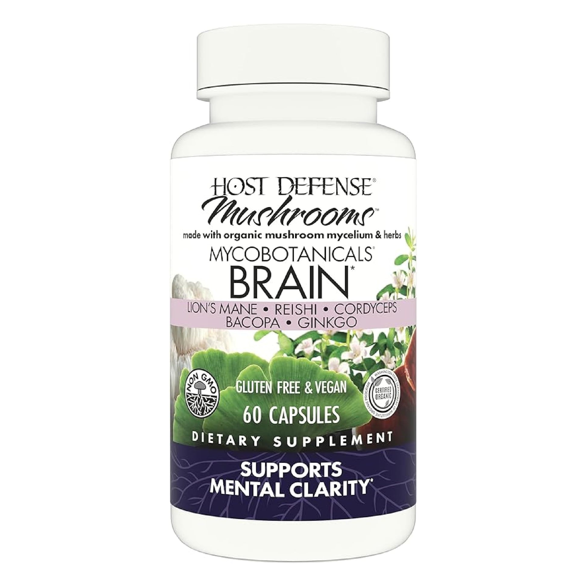 Host Defense MycoBotanicals Brain* Capsules - Brain Support Supplement with Lion's Mane, Reishi & Cordyceps Mushroom - Herbal Supplement for Memory & Focus Support - 60 Capsules Host DefenseBuy Supplements Australia
