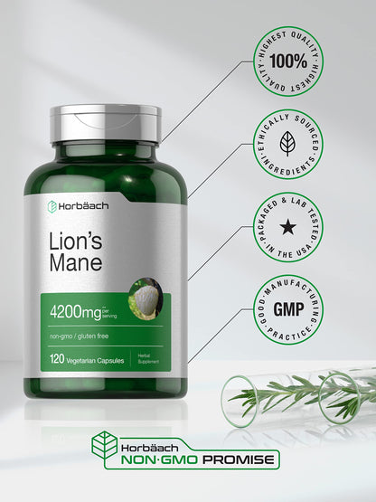 Horbäach Lions Mane Mushroom Extract | 4200mg | 120 Capsules | Vegetarian HorbäachBuy Supplements Australia
