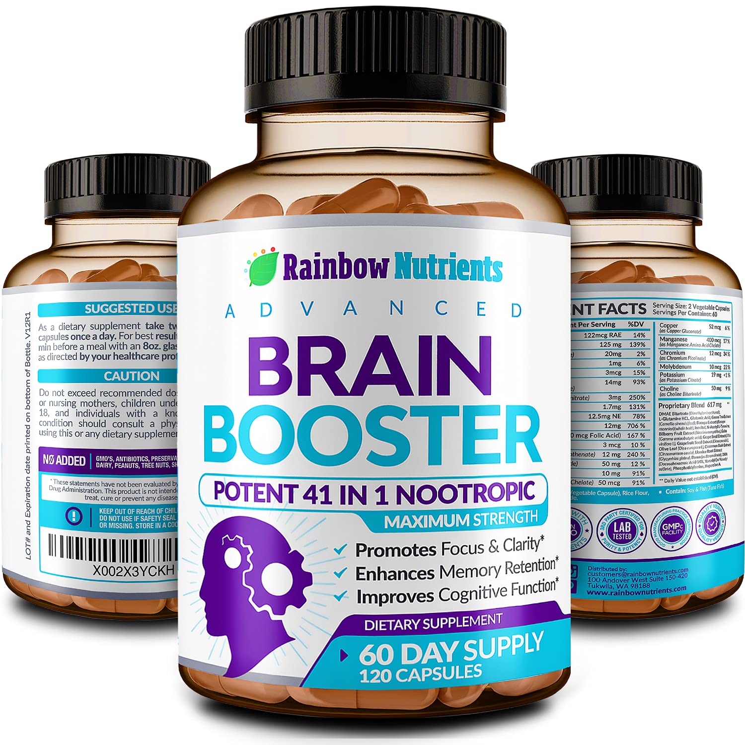40-in-1 Brain Booster Supplements for Memory, Focus, Clarity, Energy, Performance | Natural Nootropic Brain Support Supplement with DMAE, Bacopa Monnieri & More | For Men & Women | 120 V Capsules Rainbow Nutrients, LLCBuy Supplements Australia