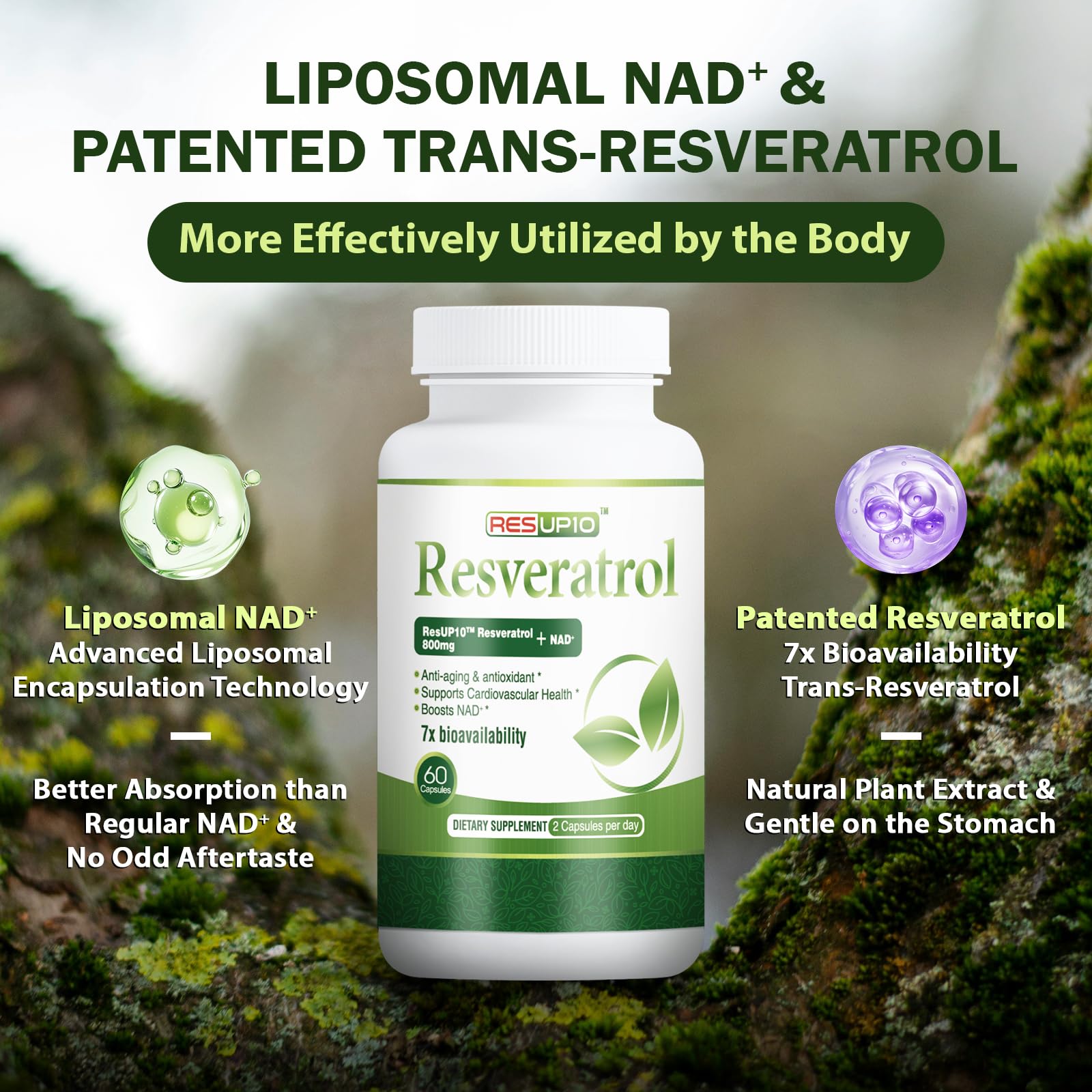 PureBotan Liposomal NAD+ Resveratrol Supplement 1300mg, High Bioavailable Trans Resveratrol ResUP10, with Extra Strength NAD Plus, Support Aging, Cardiovascular Health and Cellular Energy, 60 Capsules PureBotanBuy Supplements Australia