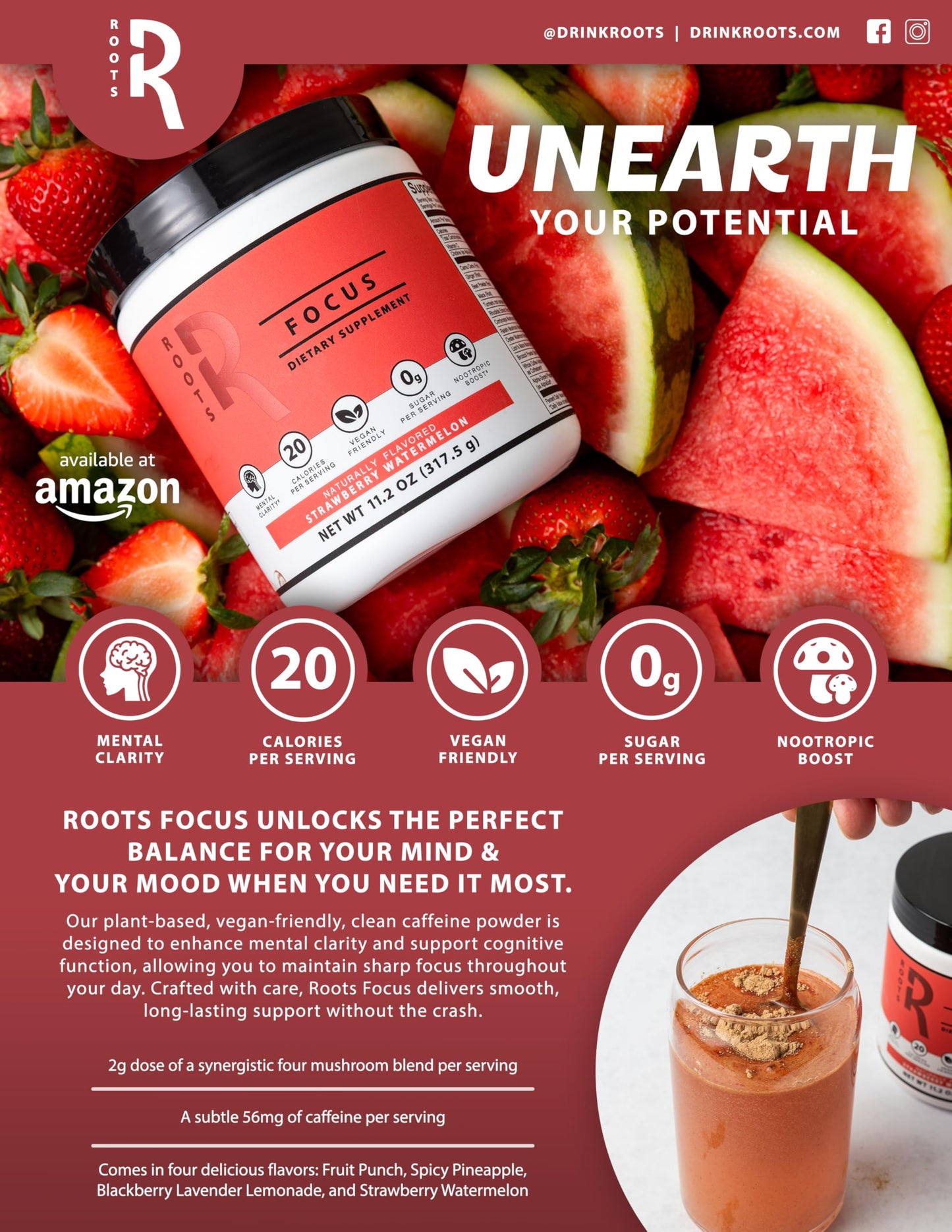 Roots Focus Brain Supplement - Nootropic Mushroom Supplement Powder for Memory, Focus, Energy - Lion's Mane, Cordyceps, Reishi Mushrooms with Caffeine - Blackberry Lemonade, 11.6oz Tub (50 Servings) Silver Star NutritionBuy Supplements Australia