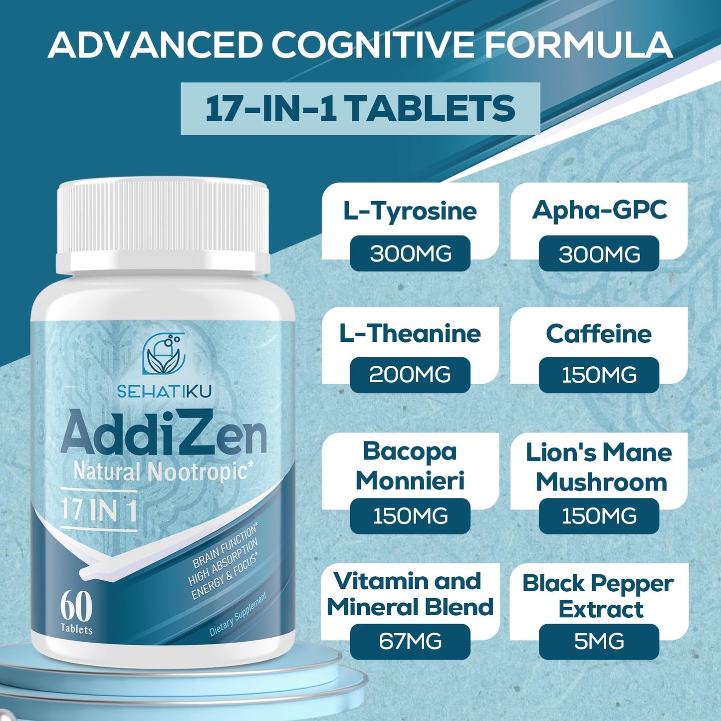 17-in-1 Brain Supplement for Memory and Focus | Natural Nootropics Brain Supplement for Brain Cognition, Energy | High Absorption | L-Theanine, Phytonutrient Blend and Vitamins B6, B12 | 60 Tablets SehatiKuBuy Supplements Australia