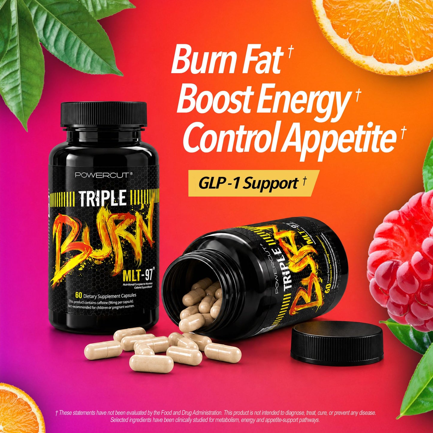 Triple Burn  Pills for Women & Men, Fat Burner GLP-1 Support, Appetite Suppressant, Diet Pills with Green Coffee Extract & Cayenne (60 Capsules)