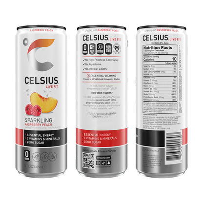 CELSIUS Sparkling Raspberry Peach, Functional Essential Energy Drink 12 Fl Oz (Pack of 12) CELSIUSBuy Supplements Australia