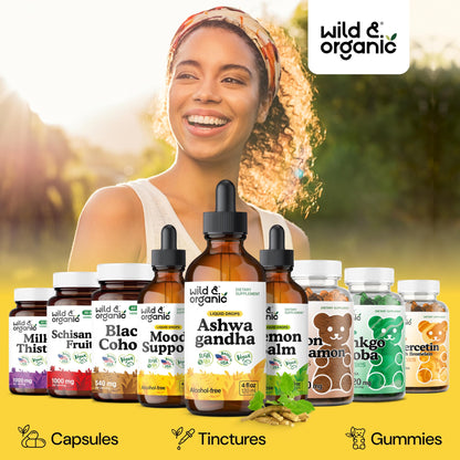 Wild & Organic Ashwagandha Drops - Mood Support & Positive Energy - 500 mg Ashwagandha for Women & Men - Add to Tea Liquid Extract for Relaxation - Non-GMO, Sugar & Alcohol-Free Tincture - 4 fl oz Wild & OrganicBuy Supplements Australia