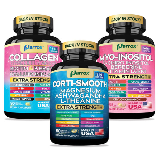 Parrox She Shines Set - Collagen Peptides Types I, II, III, V, X, Biotin, Keratin, Myo Inositol & D-Chiro Inositol, Berberine, Cortisol Support, Magnesium, Ashwagandha, L-Theanine, Lions Mane ParroxBuy Supplements Australia