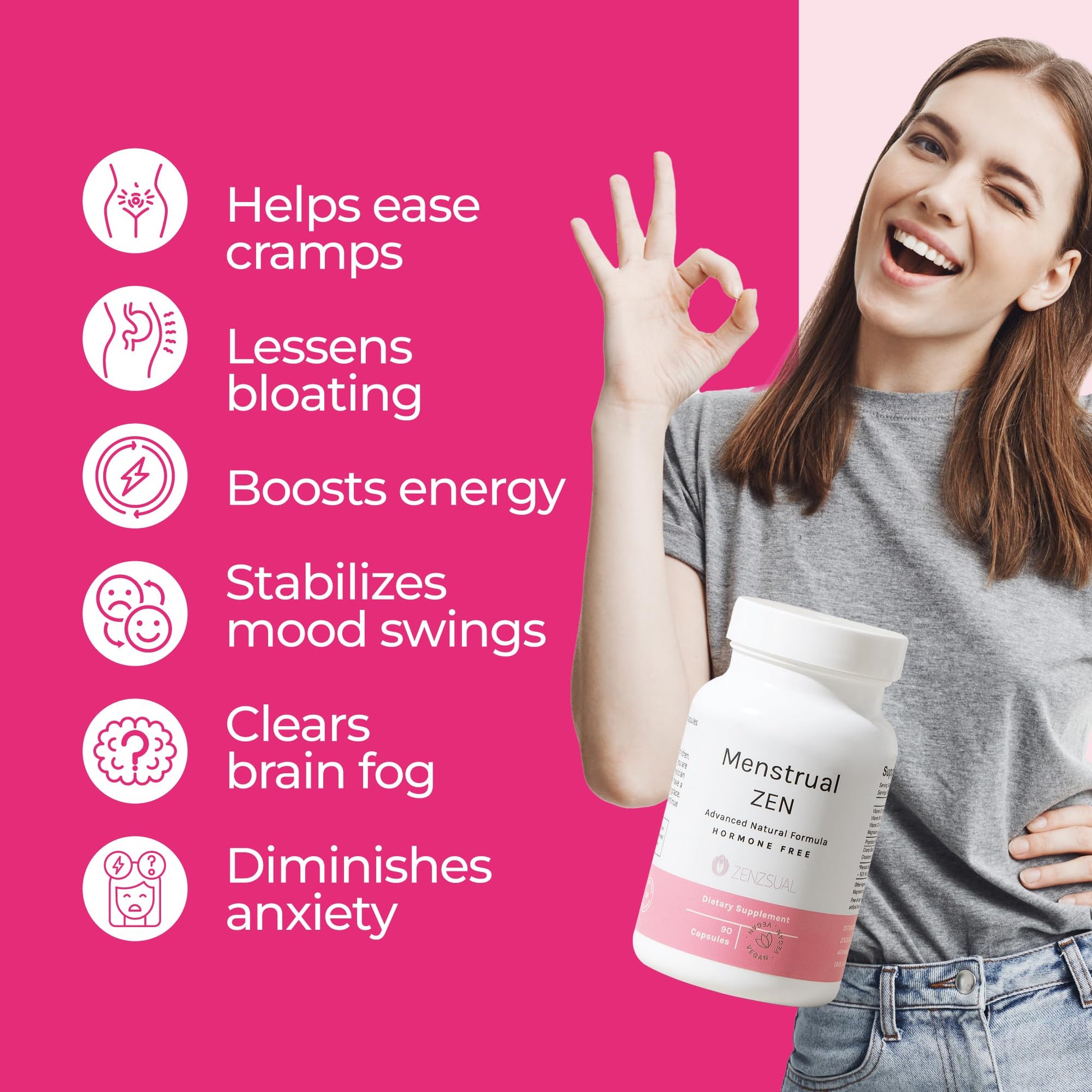 ZENZSUAL Menstrual Zen Natural and Hormone-Free Supplement – Support for Menstrual Cramps, Mood Swings and Period Pain – Diuretic Effect (90 Capsules / 2.7 Oz) ZENZSUALBuy Supplements Australia