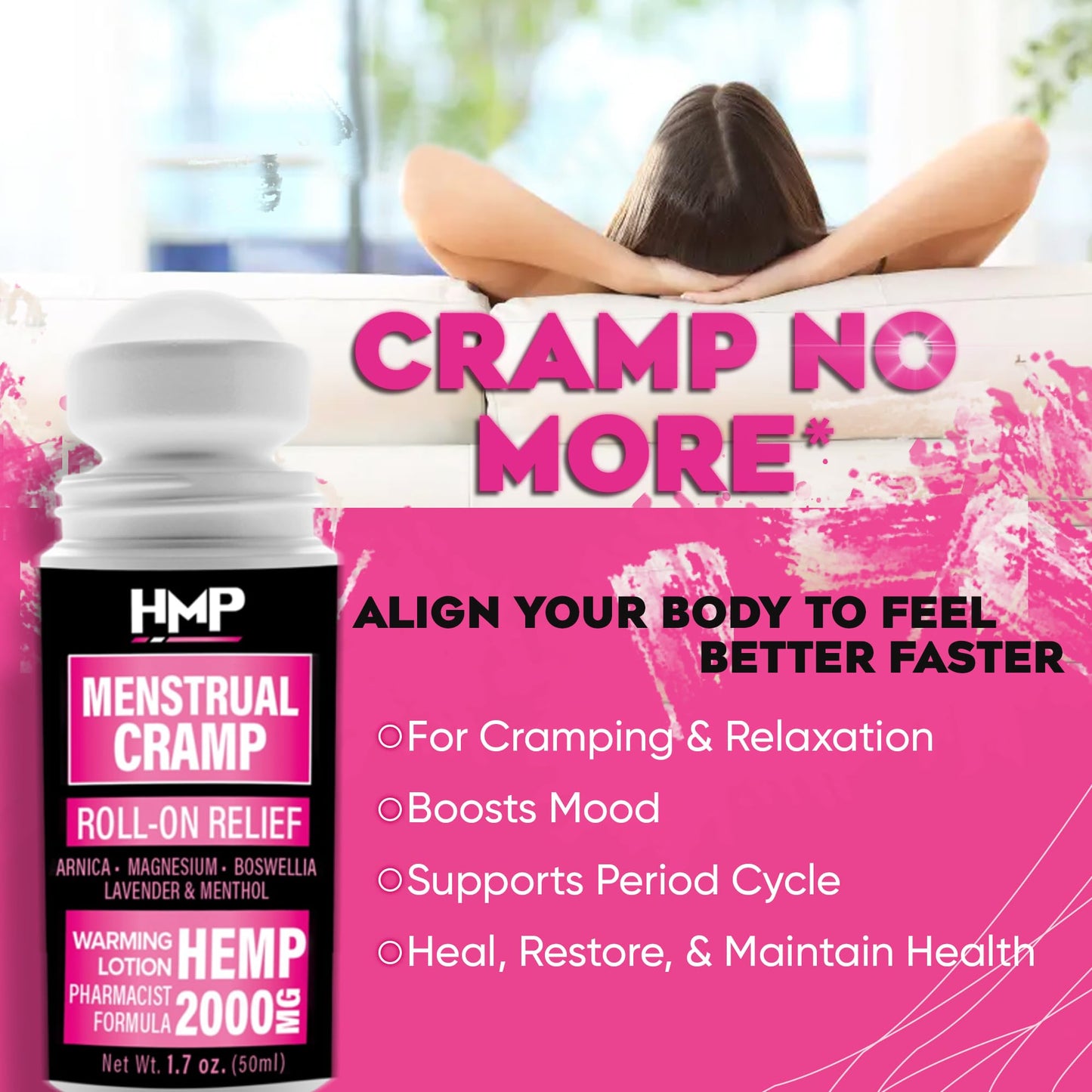HMP BRANDS Menstrual Cramp Hemp Warming ROLL-ON 2000MG w Arnica & Menthol Made in USA Natural Formula 1.7oz HMP BRANDSBuy Supplements Australia