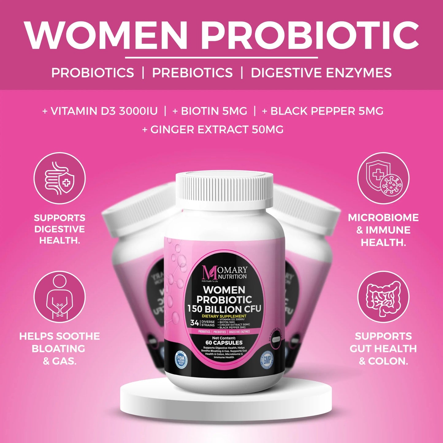 9-in-1 Bio Cultures Complex for Women – 150 Billion CFU Probiotics with 34 Diverse Strains, Organic Prebiotics, Postbiotics, Digestive Enzymes & Biotin – Supports Digestive Balance & Gut Microbiome MOMARY NUTRITIONBuy Supplements Australia