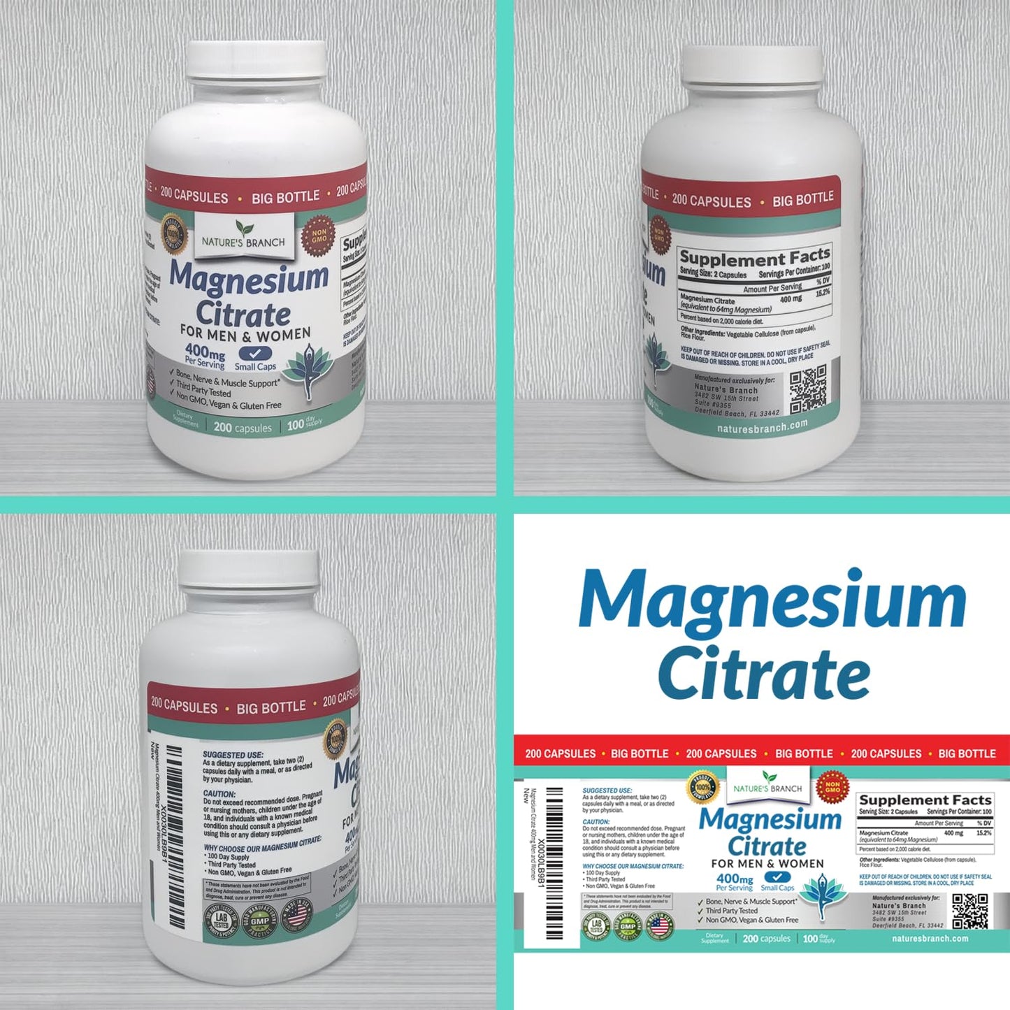 Magnesium Citrate 400mg | 200 Capsules, High Absorption for Sleep, Relax, Leg Cramps, Energy, Extra Strength Easy to Swallow Small Pills for Women & Men, Vegan Supplement for Digestion, Not Tablets NATURE'S BRANCHBuy Supplements Australia