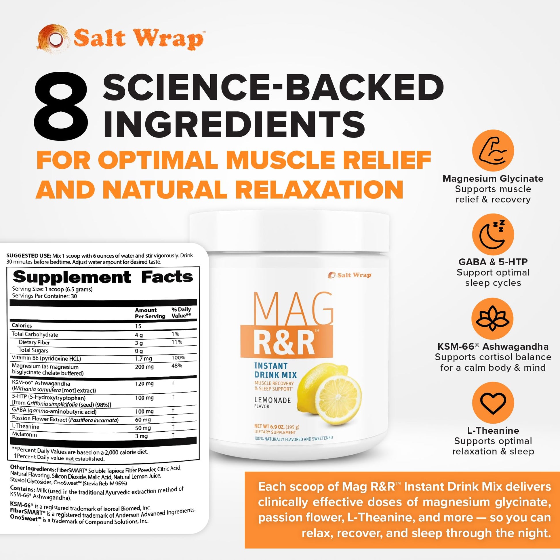 SaltWrap Mag R&R Instant Drink Mix - Sugar-Free Nighttime Magnesium Glycinate Powder with Stevia & FiberSMART® - Muscle Cramp & Leg Cramps Relief, Sleep & Relaxation Support - 30 Servings SaltWrapBuy Supplements Australia