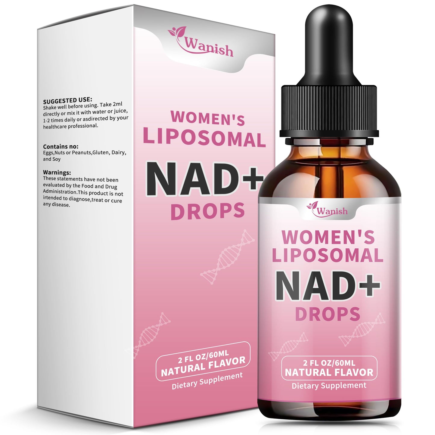 Bottle and packaging of Wanish Women's Liposomal NAD+ Drops on a white background