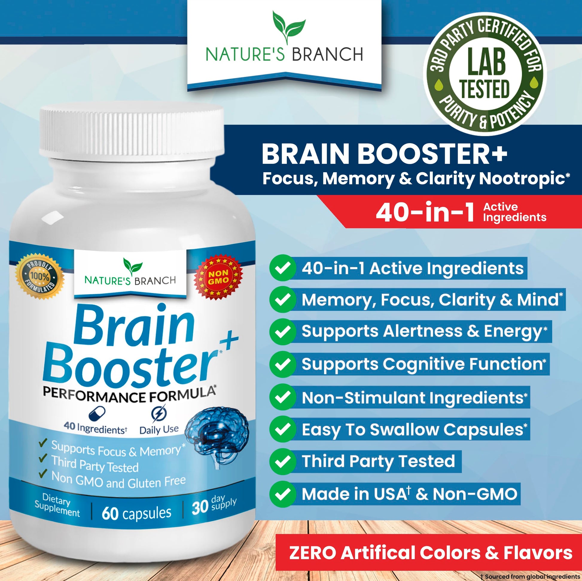 40-in-1 Brain Booster Supplement for Focus, Memory, Clarity, Energy | Advanced Vitamins Plus eBook | for Men & Women, Cognitive Function Nootropic Support with DMAE, Mind Health Formula | 60 Capsules NATURE'S BRANCHBuy Supplements Australia