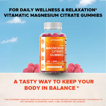 Vitamatic Magnesium Gummies 600mg per Serving – 60 Vegan Count for Relaxation, Muscle, Bone, and Energy Support