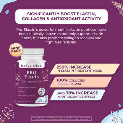 Body Kitchen Pro-Elastin, 1000 mg Elastin Supplement, Help Reduce Signs of Aging, Improved Skin Health, Firmness & Elasticity, Fewer Wrinkles, Veggie Caps, (Pack of 2) Body Kitchen buy supplements Au