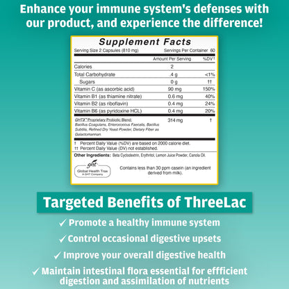 GHT - ThreeLac Probiotic Capsules, 240 Ct - Comprehensive Digestive Support for Men, Women, and Children - Immune System and Gut Balance, Non-GMO ght Global Health TraxBuy Supplements Australia