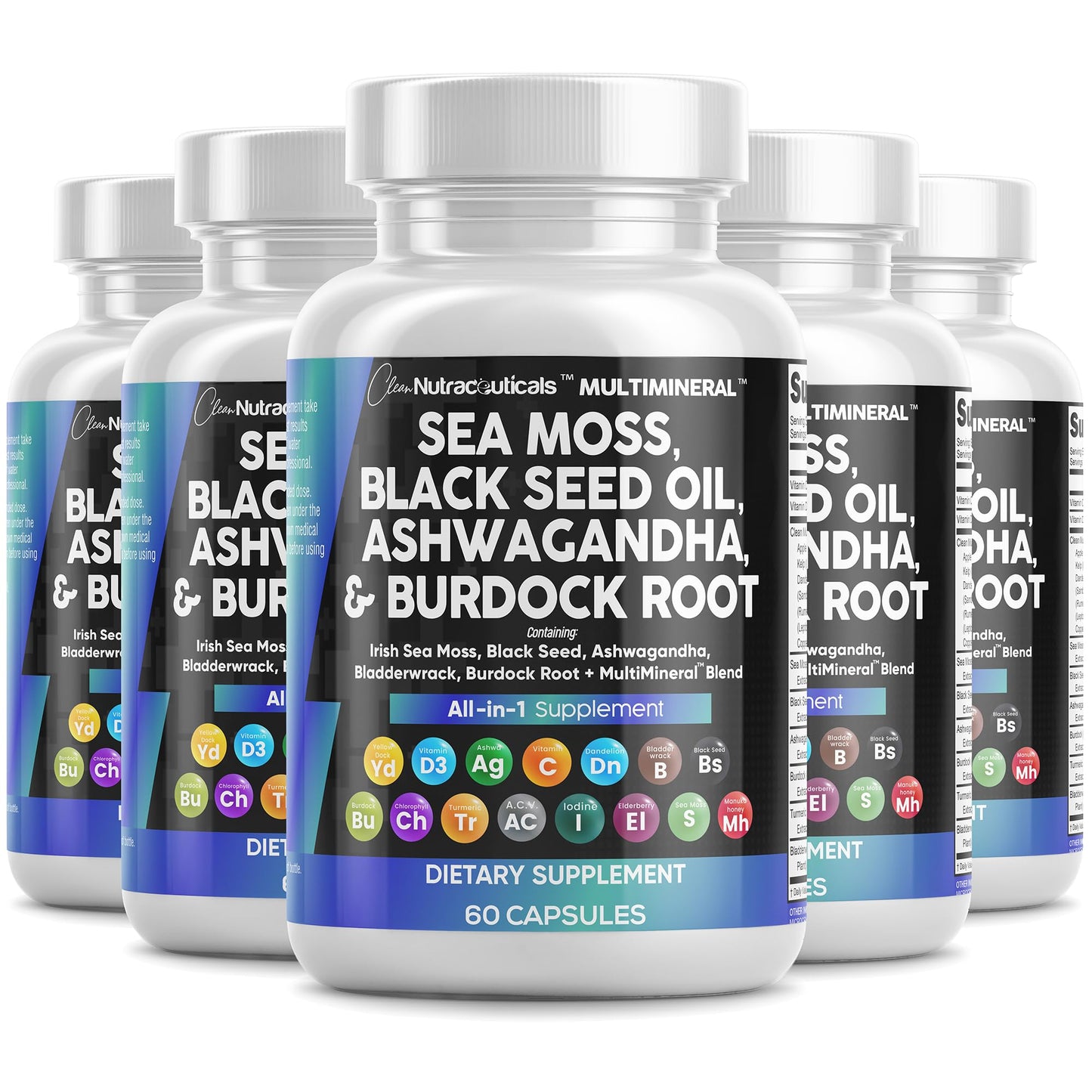 Supplement bottles labeled with ingredients on a white background
