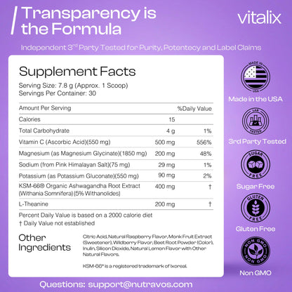 NutraVōs Vitalix – Cortisol Reducer & Adaptogen Drink Mix with Ashwagandha KSM 66, Magnesium Glycinate 200mg, L-Theanine 200mg, Vitamin C 500mg & Electrolytes – Raspberry Lemonade – 30 Servings NutraVōsBuy Supplements Australia