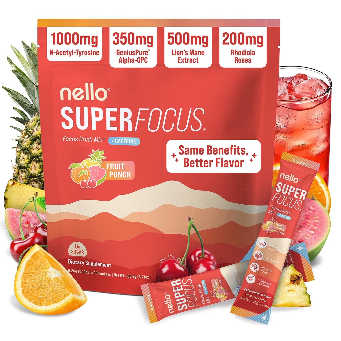 Nello Superfocus – Nootropic Focus Drink Mix for Productivity, Caffeine, L-Theanine, Rhodiola Rosea, Alpha-GPC, Lion’s Mane, Tyrosine, Sugar-Free Packets - With Caffeine (Pack of 20) (20 Servings (Caffeine), Fruit Punch) NelloBuy Supplements Australia