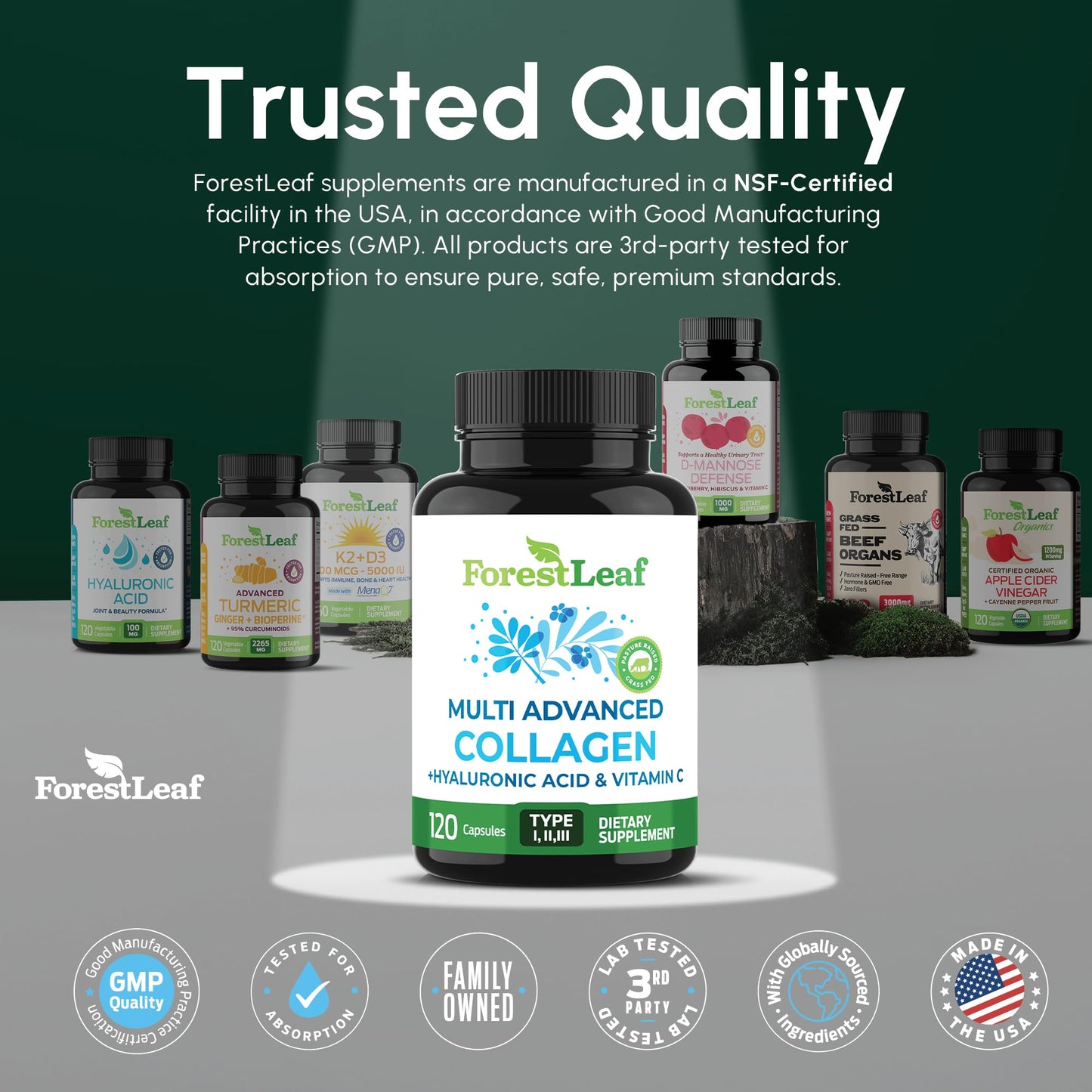 ForestLeaf Multi Collagen Pills with Hyaluronic Acid + Vitamin C | Hydrolyzed Collagen Supplements for Women or Men | Multi Collagen Capsules Peptides for Skin, Wrinkles, 120 Caps ForestLeafBuy Supplements Australia